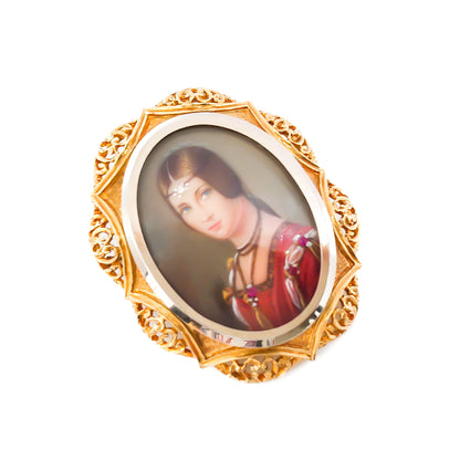 Gorgeous 18ct gold hand-painted miniature portrait pendant set with a tiny diamond and three rubies. Circa 1930’s