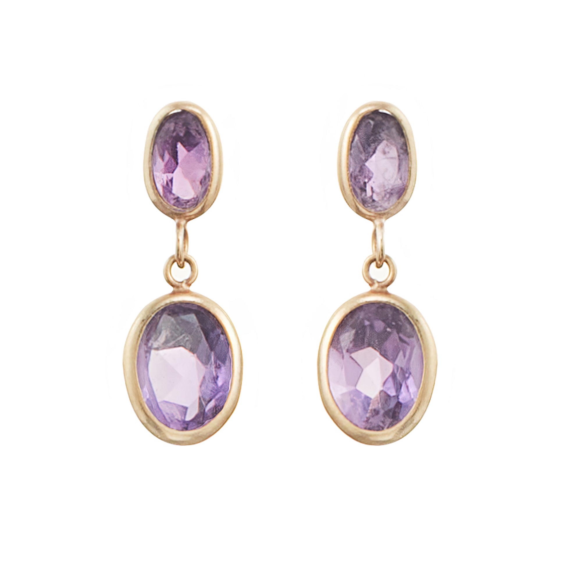 Dainty vintage 9ct gold drop earrings, each with two tube-set faceted purple amethyst stones.