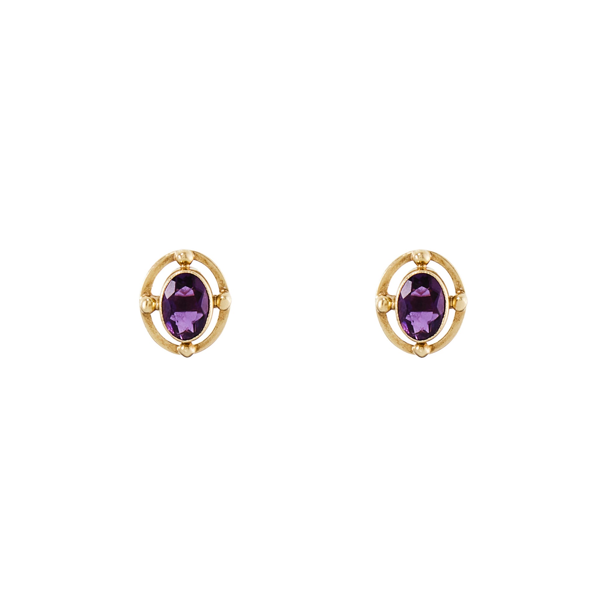 Classic 9ct gold stud earrings, each set with a beautifully faceted deep purple oval amethyst.