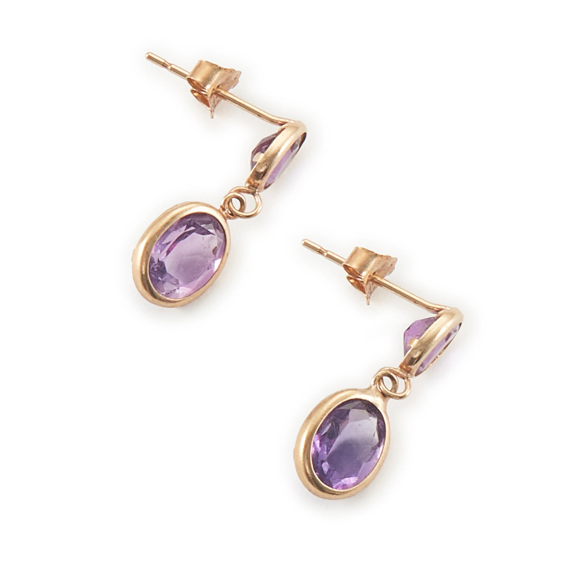 Dainty vintage 9ct gold drop earrings, each with two tube-set faceted purple amethyst stones.