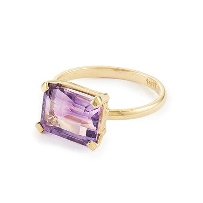 Classic 9ct yellow gold ring with a rectangular, beautifully faceted amethyst in a claw setting.