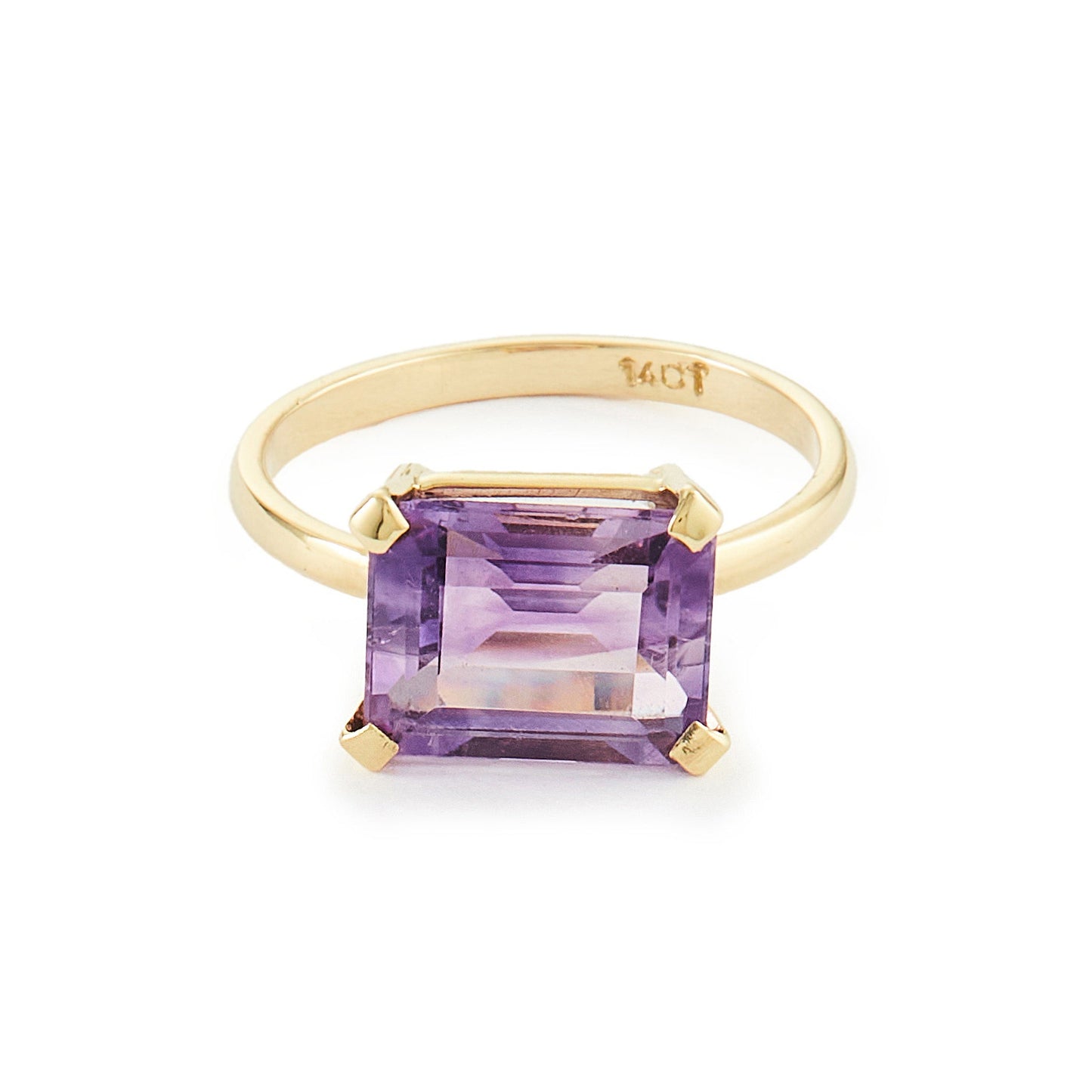 Classic 9ct yellow gold ring with a rectangular, beautifully faceted amethyst in a claw setting.