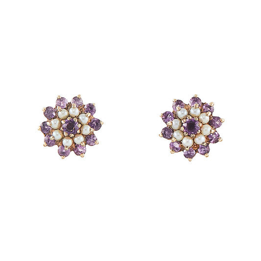 Pretty 9ct gold stud earrings, with beautifully faceted amethysts and seed pearls which are claw-set in the shape of a flower.