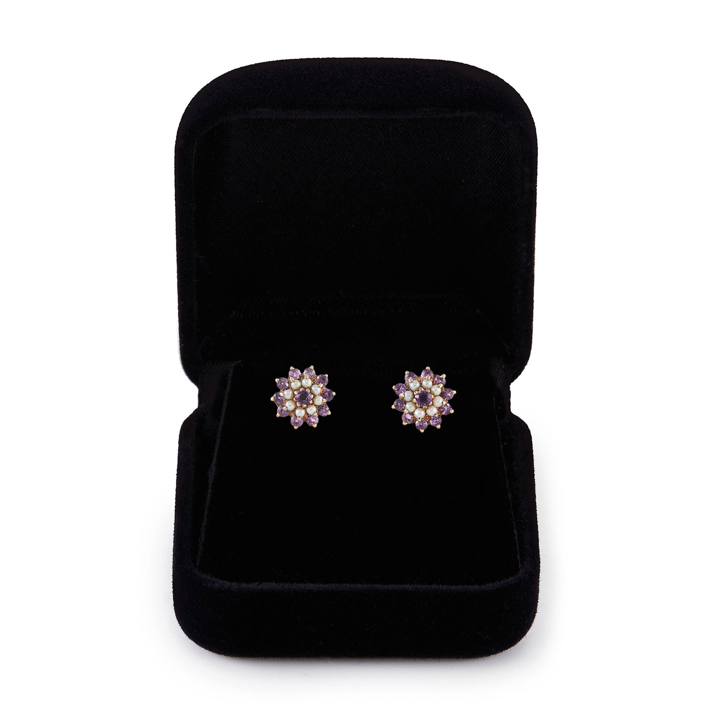 Pretty 9ct gold stud earrings, with beautifully faceted amethysts and seed pearls which are claw-set in the shape of a flower.