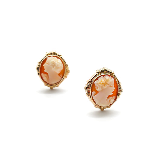 Lovely 9ct gold stud earrings, each set with a beautifully carved cameo.