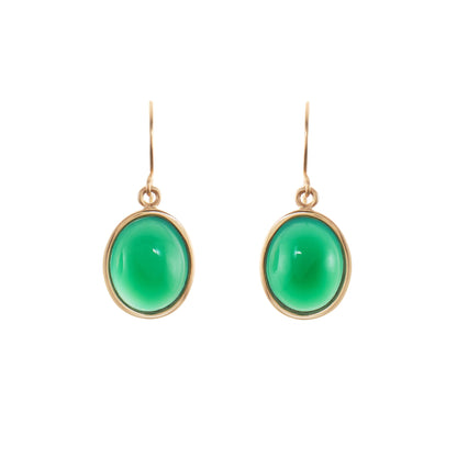 Classic vintage 9ct yellow gold earrings with shepherd hooks, each set with a vibrant green cabochon chrysoprase stone.