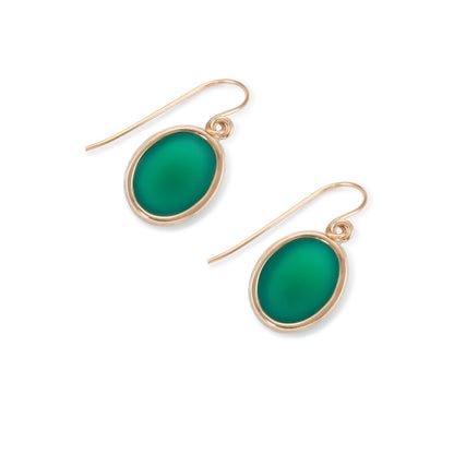 Classic vintage 9ct yellow gold earrings with shepherd hooks, each set with a vibrant green cabochon chrysoprase stone.