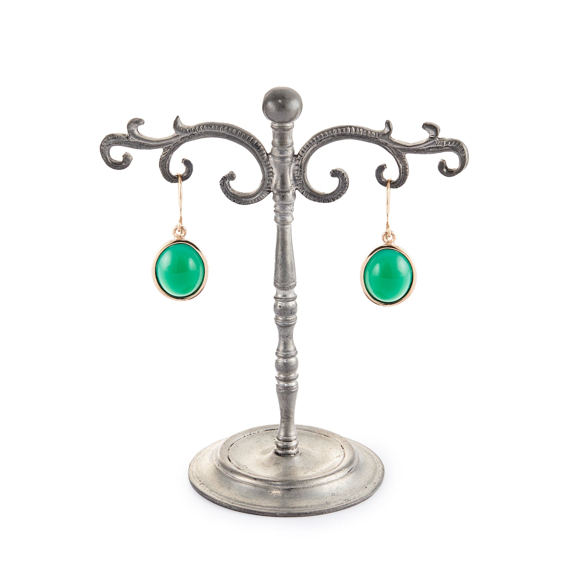 Classic vintage 9ct yellow gold earrings with shepherd hooks, each set with a vibrant green cabochon chrysoprase stone.