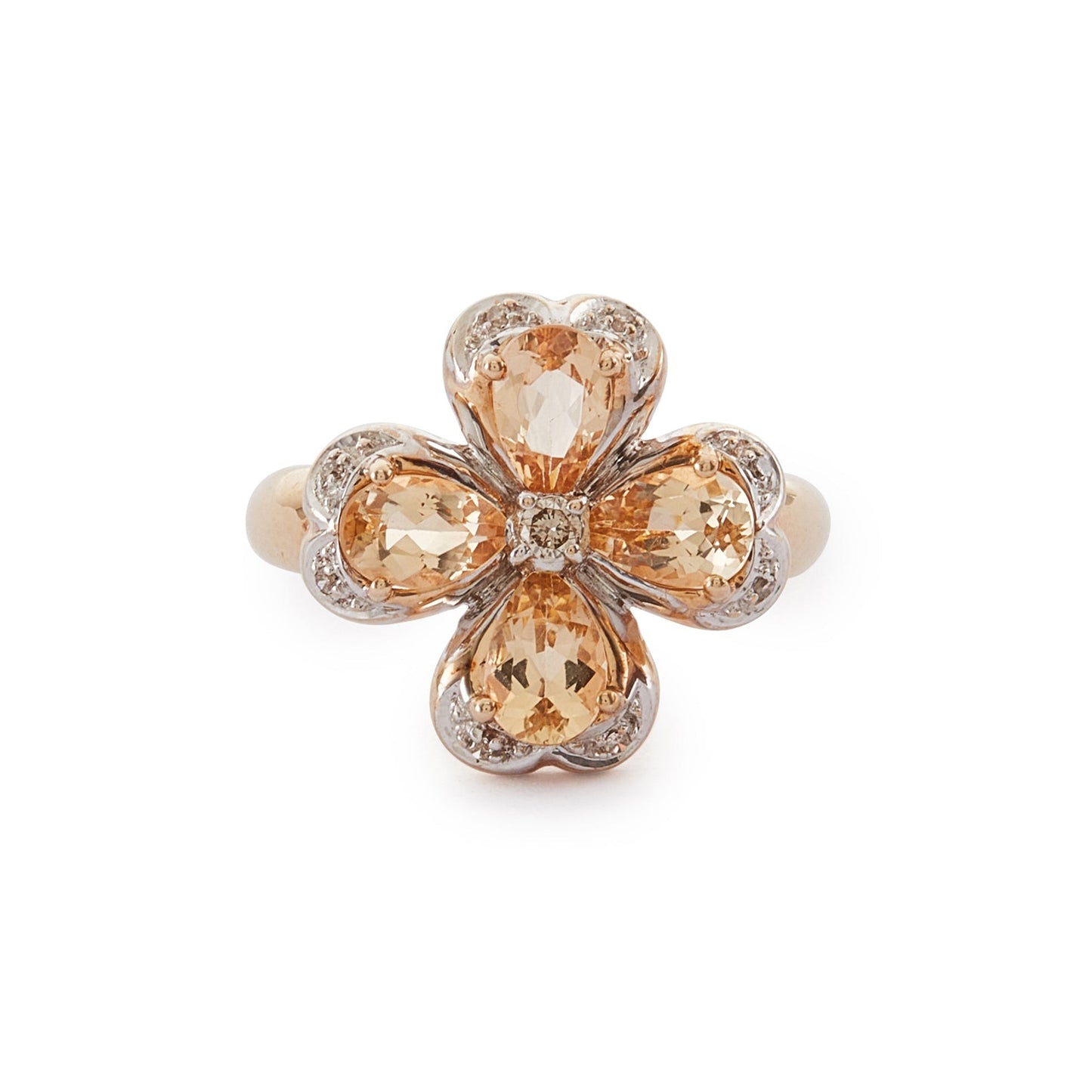 Charming 9ct gold ring set with beautifully faceted citrines and small diamonds in the shape of a four-leaf clover, a symbol of good luck and fortune.