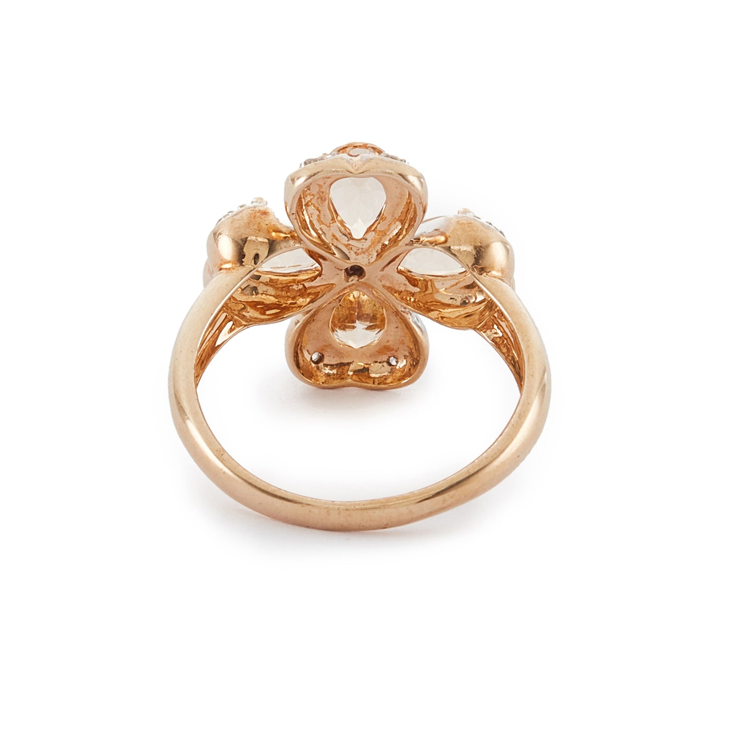 Charming 9ct gold ring set with beautifully faceted citrines and small diamonds in the shape of a four-leaf clover, a symbol of good luck and fortune.