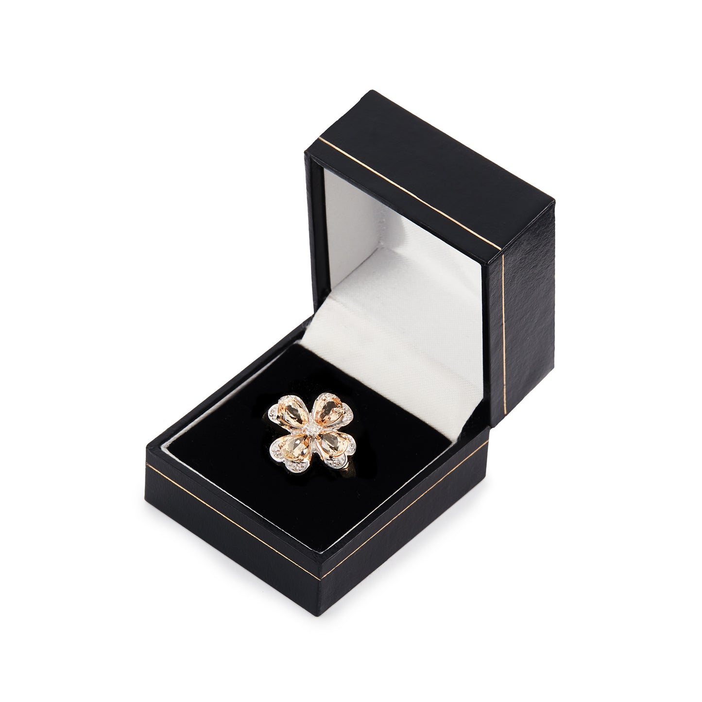 Charming 9ct gold ring set with beautifully faceted citrines and small diamonds in the shape of a four-leaf clover, a symbol of good luck and fortune.