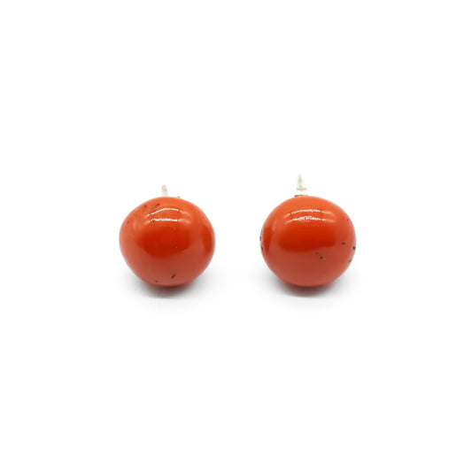 Classic 9ct gold stud earrings set with deep orange natural Mediterranean coral beads. Circa 1920's