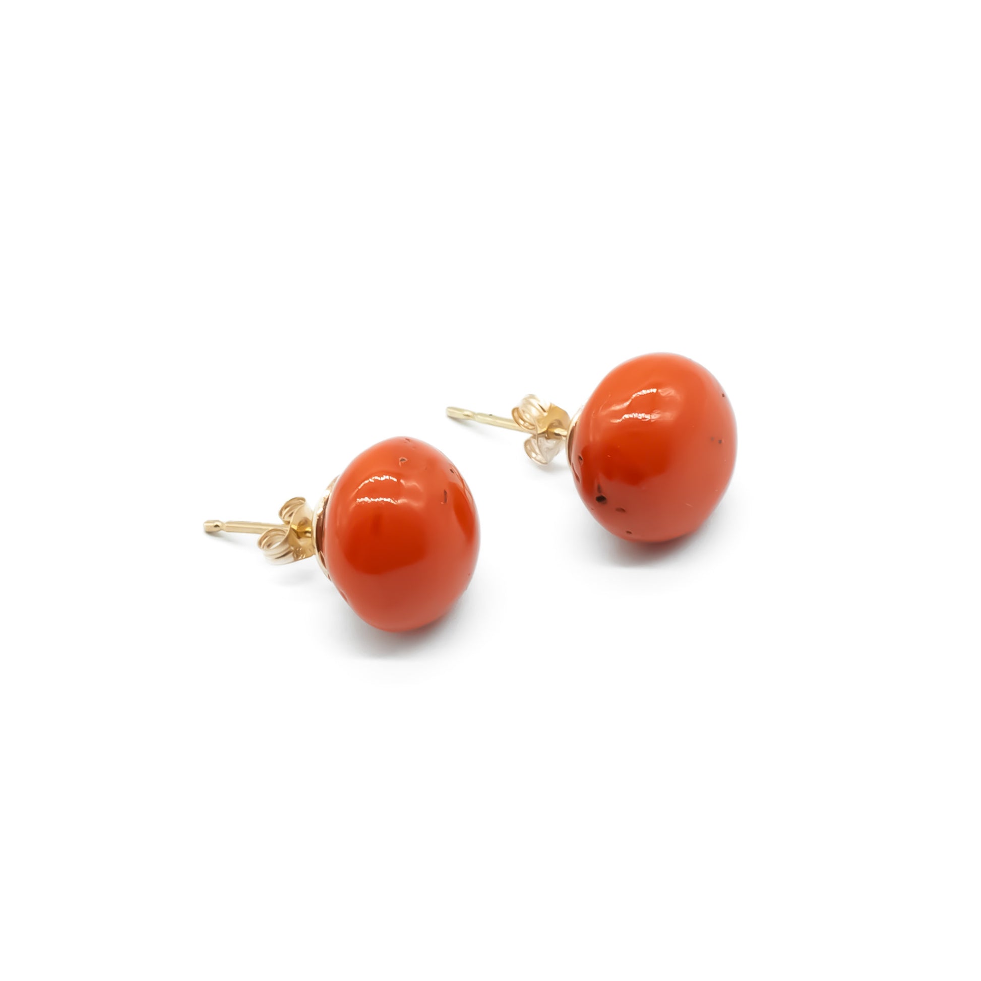 Classic 9ct gold stud earrings set with deep orange natural Mediterranean coral beads. Circa 1920's