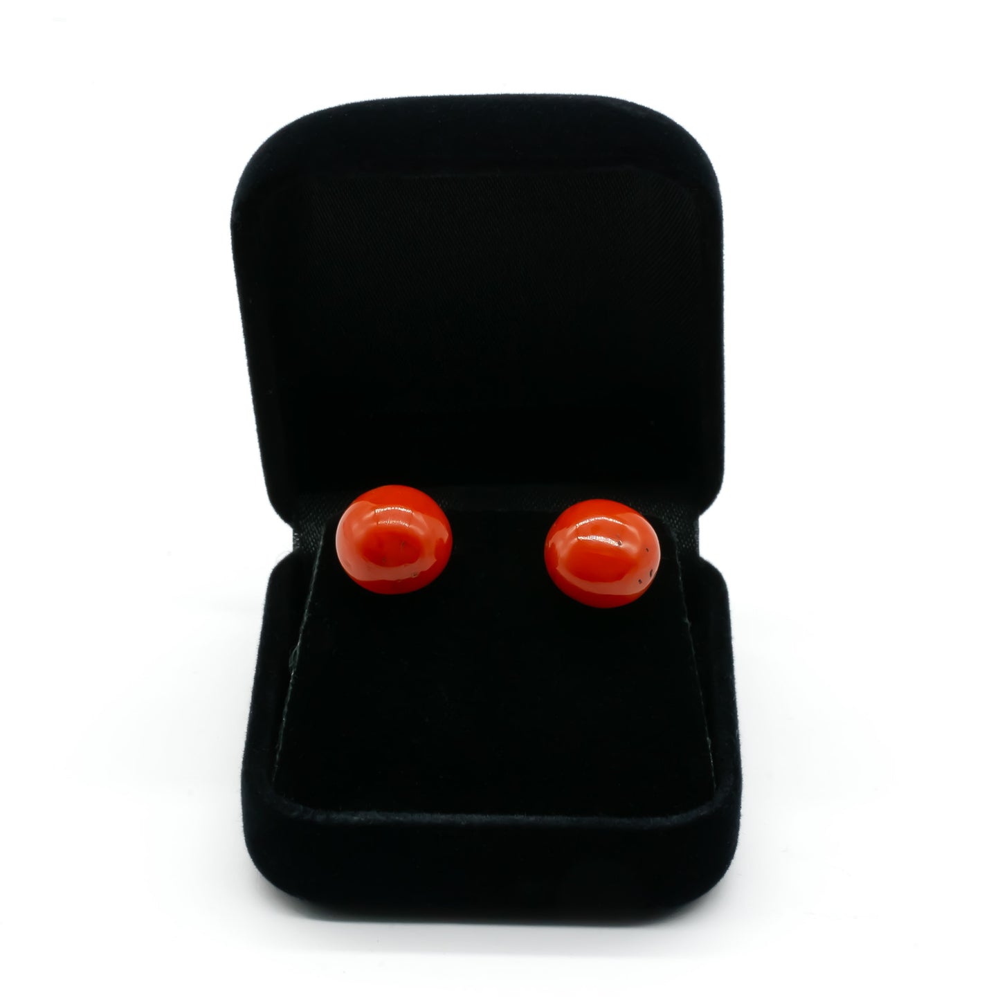 Classic 9ct gold stud earrings set with deep orange natural Mediterranean coral beads.