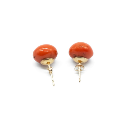 Classic 9ct gold stud earrings set with deep orange natural Mediterranean coral beads. Circa 1920's