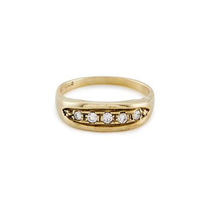 Classic vintage 9ct gold five stone diamond ring. Oblo