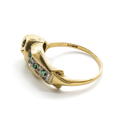 Charming vintage 9ct yellow gold ring in the shape of an owl, set with six emeralds and four small diamonds.