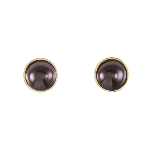 Stylish 9ct gold stud earrings, each set with a lovely, deep-red, round cabochon garnet.