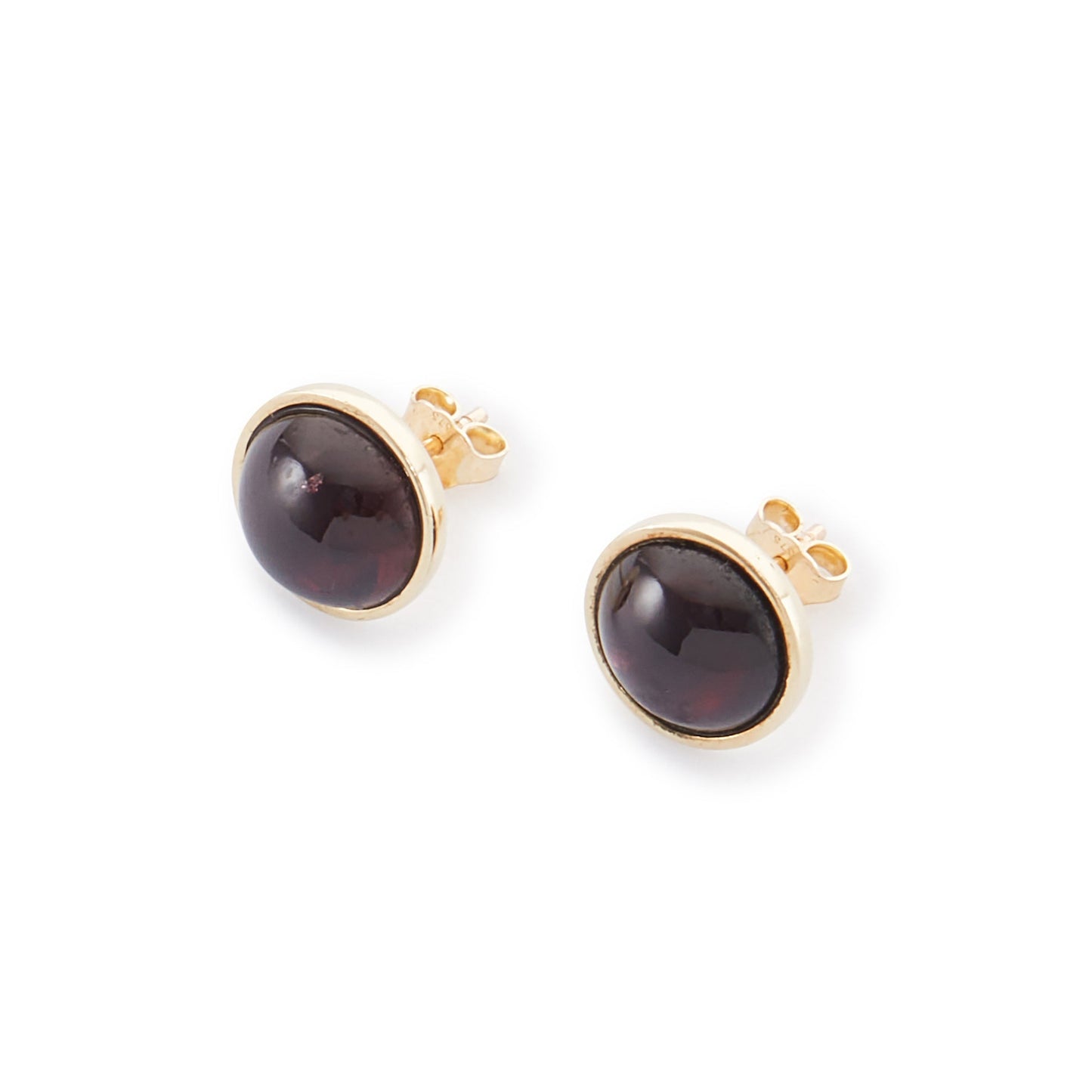 Stylish 9ct gold stud earrings, each set with a lovely, deep-red, round cabochon garnet.