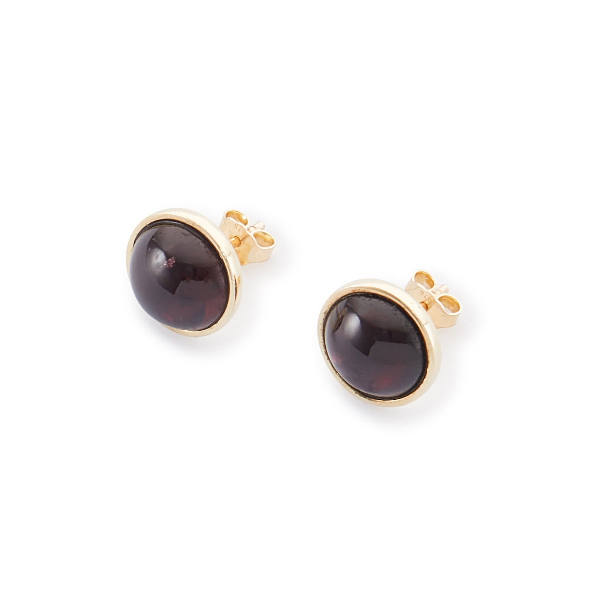 Stylish 9ct gold stud earrings, each set with a lovely, deep-red, round cabochon garnet.