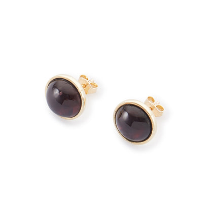 Stylish 9ct gold stud earrings, each set with a lovely, deep-red, round cabochon garnet.