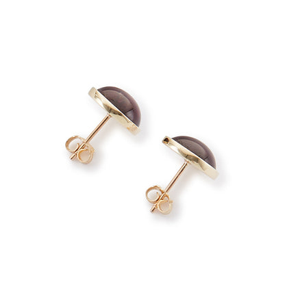 Stylish 9ct gold stud earrings, each set with a lovely, deep-red, round cabochon garnet.