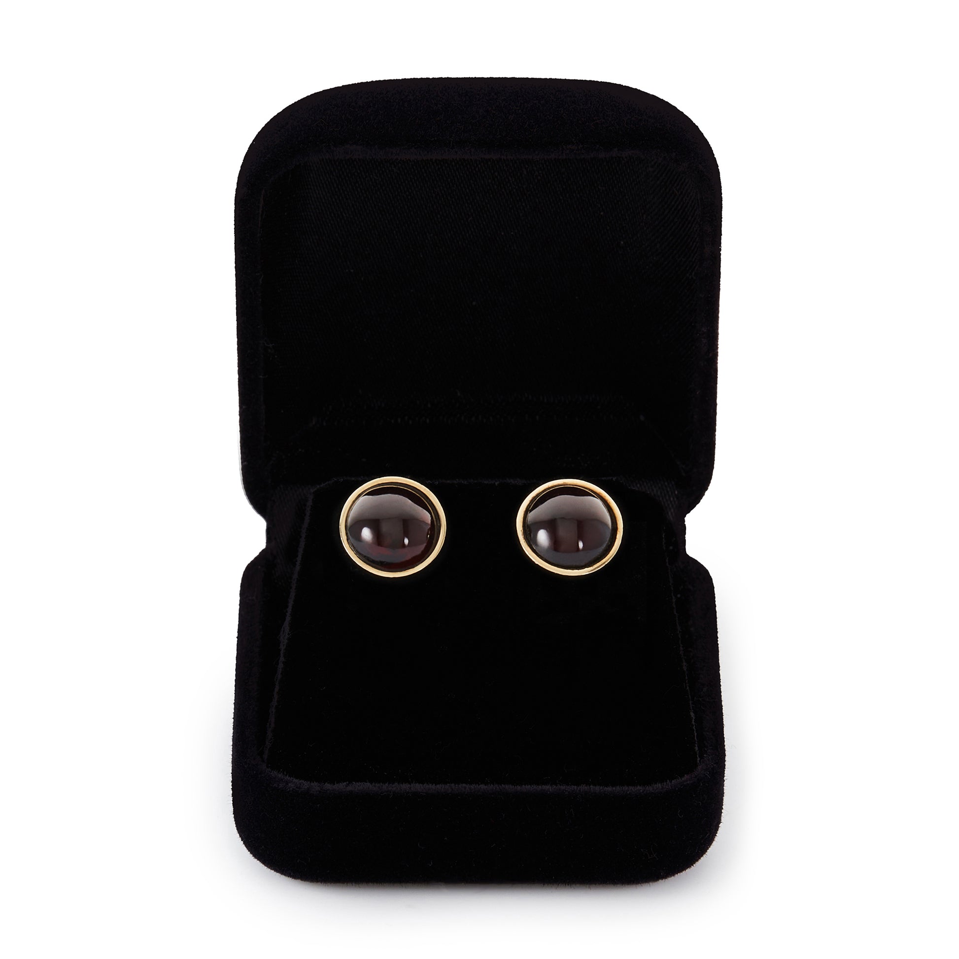 Stylish 9ct gold stud earrings, each set with a lovely, deep-red, round cabochon garnet.