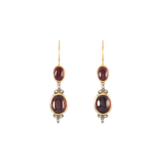 Beautiful 9ct gold Victorian style drop earrings, each set with two deep red cabochon garnets and six small old cut diamonds set in silver.