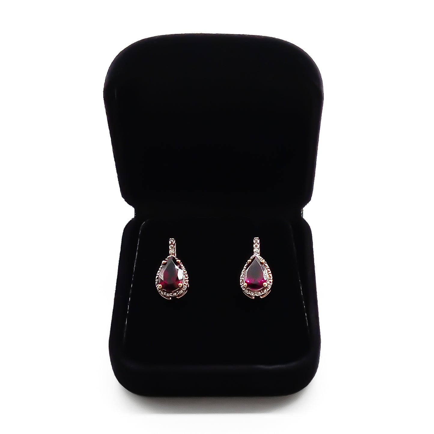 Classic 9ct gold stud earrings, each set with a deep red teardrop garnet in a diamond halo setting.