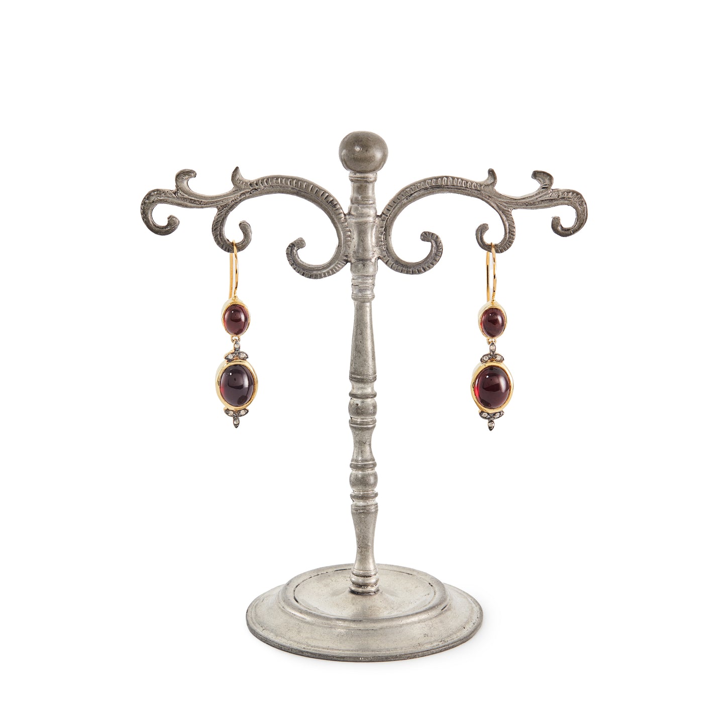 Beautiful 9ct gold Victorian style drop earrings, each set with two deep red cabochon garnets and six small old cut diamonds set in silver.