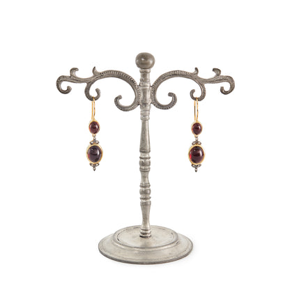 Beautiful 9ct gold Victorian style drop earrings, each set with two deep red cabochon garnets and six small old cut diamonds set in silver.