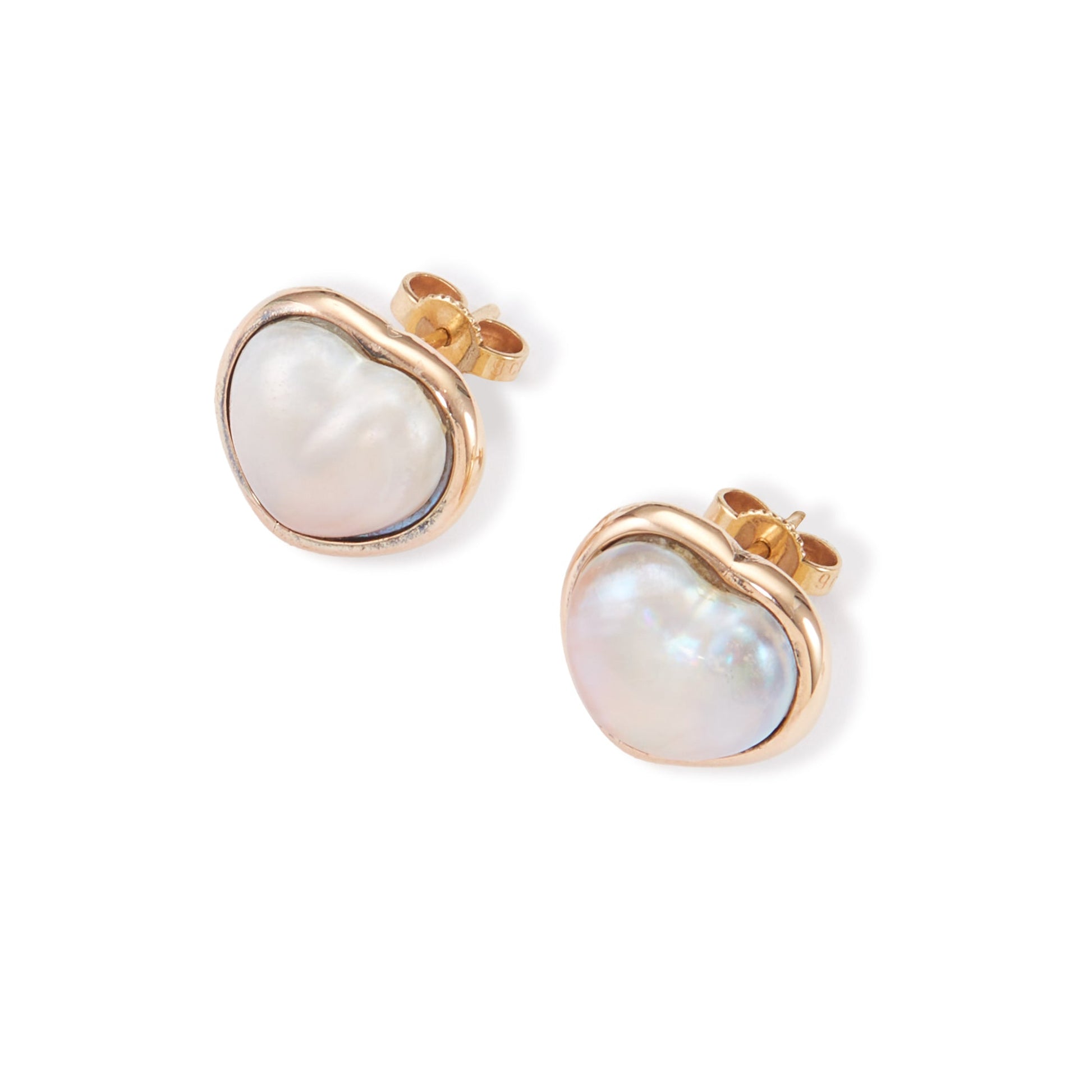 Lovely 9ct gold earrings, each set with a lustrous heart-shaped mabe pearl.