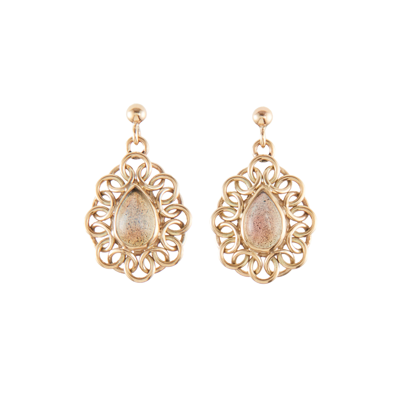 Elegant 9ct yellow gold dangling earrings, each set with a luminescent teardrop labradorite cabochon.