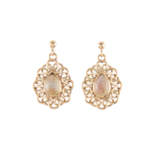 Elegant 9ct yellow gold dangling earrings, each set with a luminescent teardrop labradorite cabochon.