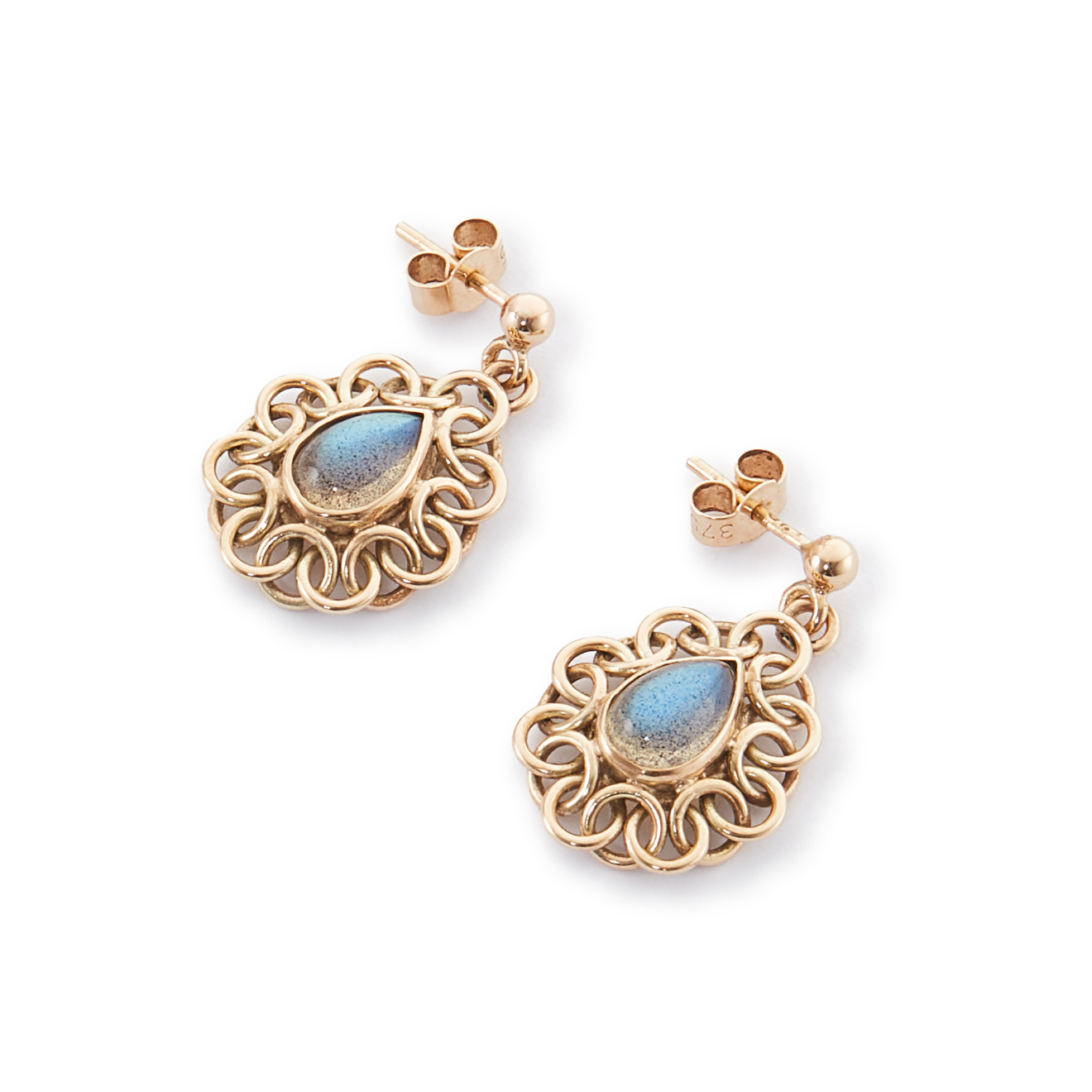 Elegant 9ct yellow gold dangling earrings, each set with a luminescent teardrop labradorite cabochon.