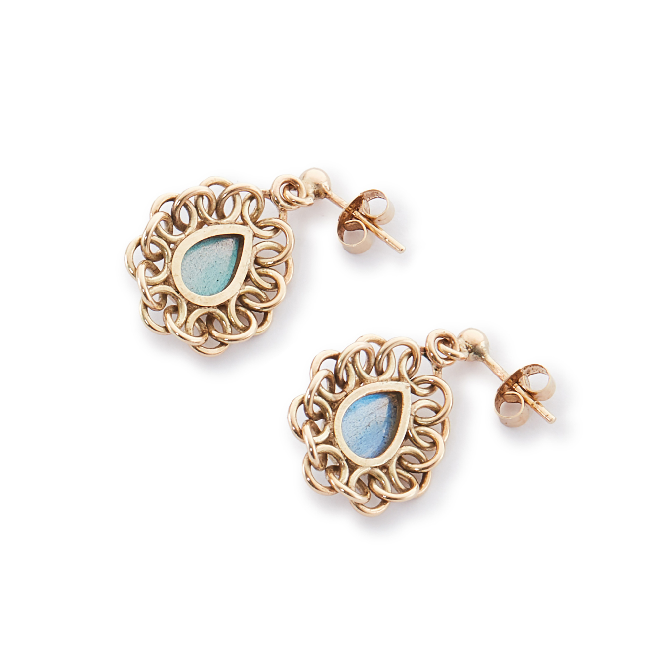 Elegant 9ct yellow gold dangling earrings, each set with a luminescent teardrop labradorite cabochon.