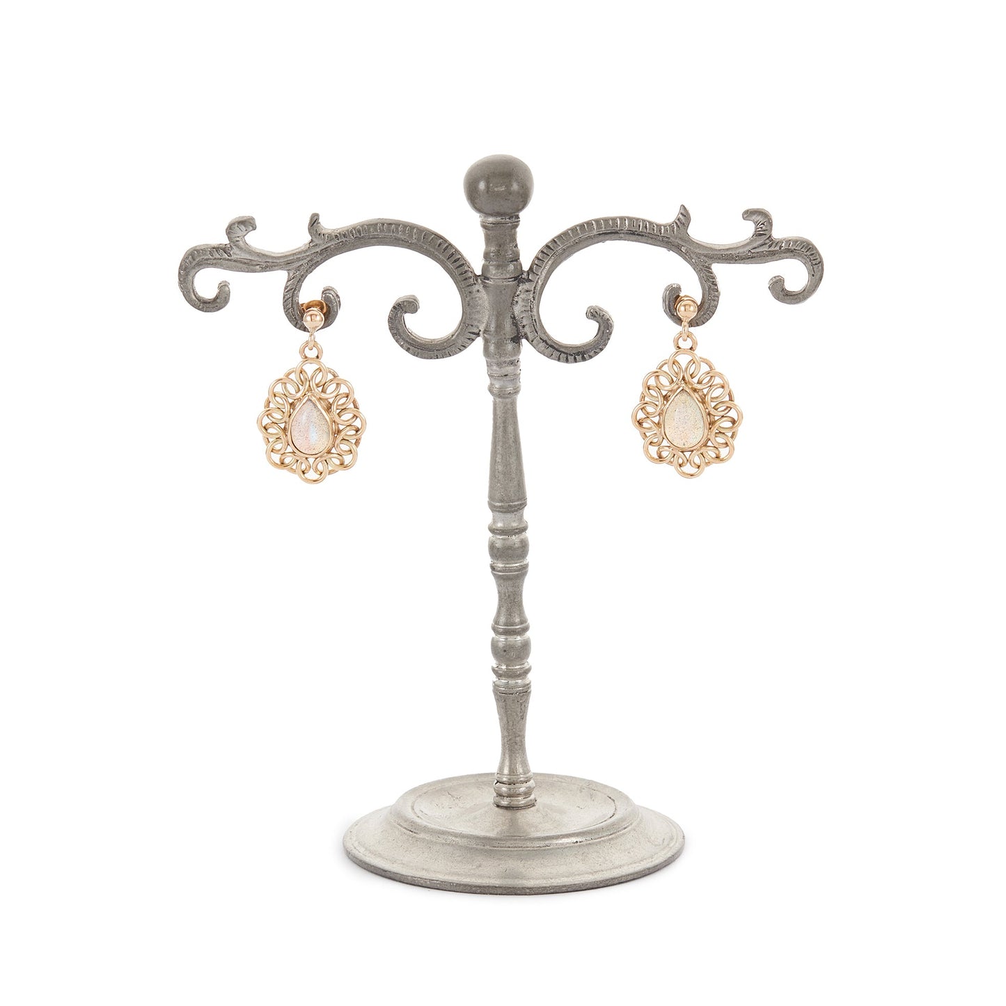 Elegant 9ct yellow gold dangling earrings, each set with a luminescent teardrop labradorite cabochon.