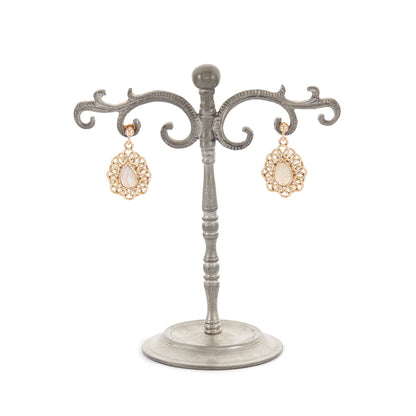 Elegant 9ct yellow gold dangling earrings, each set with a luminescent teardrop labradorite cabochon.