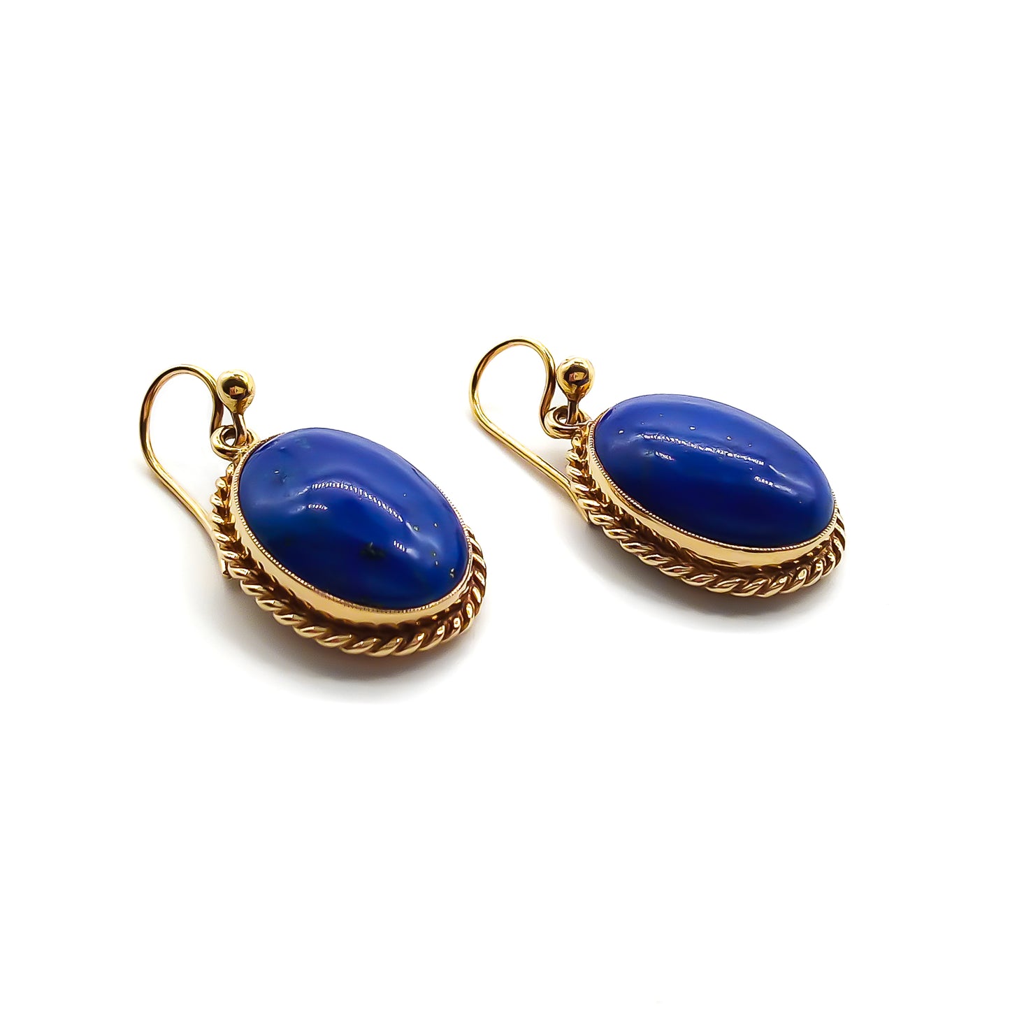 Lovely 9ct yellow gold earrings, each set with a deep blue lapis lazuli cabochon. Circa 1950’s