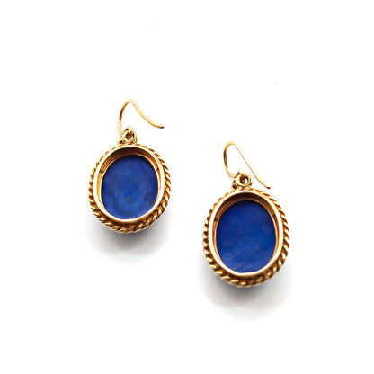 Lovely 9ct yellow gold earrings, each set with a deep blue lapis lazuli cabochon. Circa 1950’s