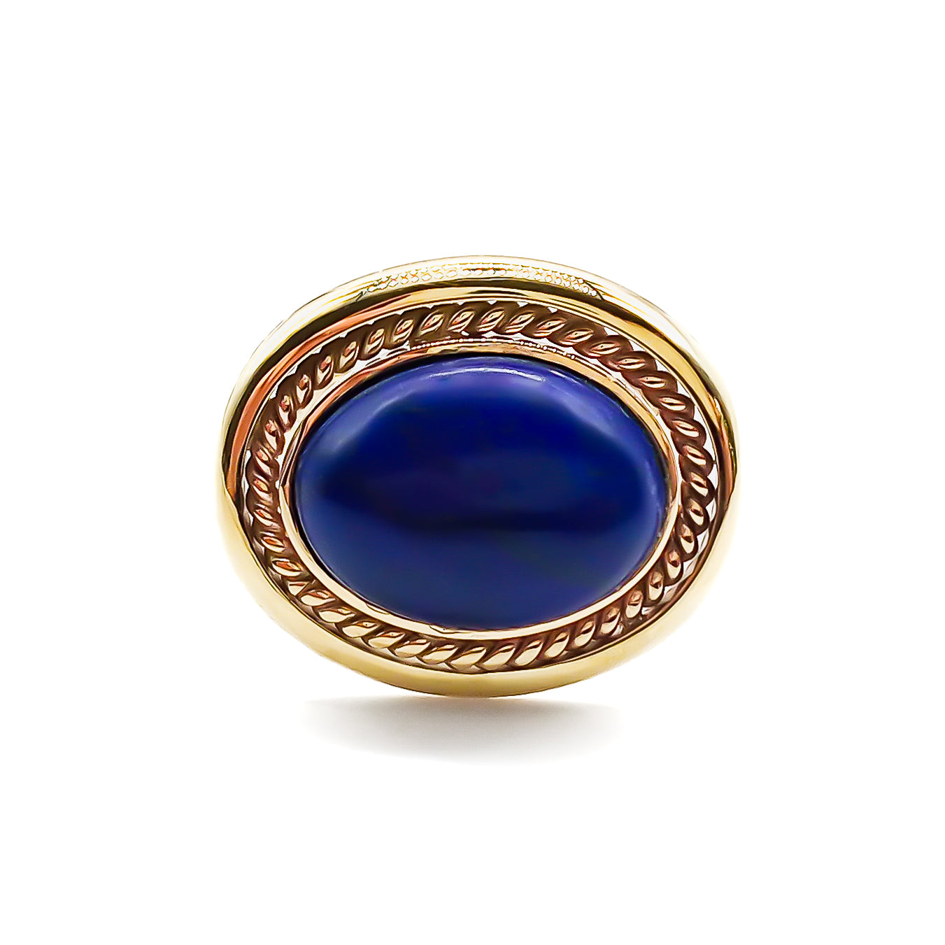 Classic 9ct gold ring set with a beautiful, deep blue lapis lazuli cabochon.