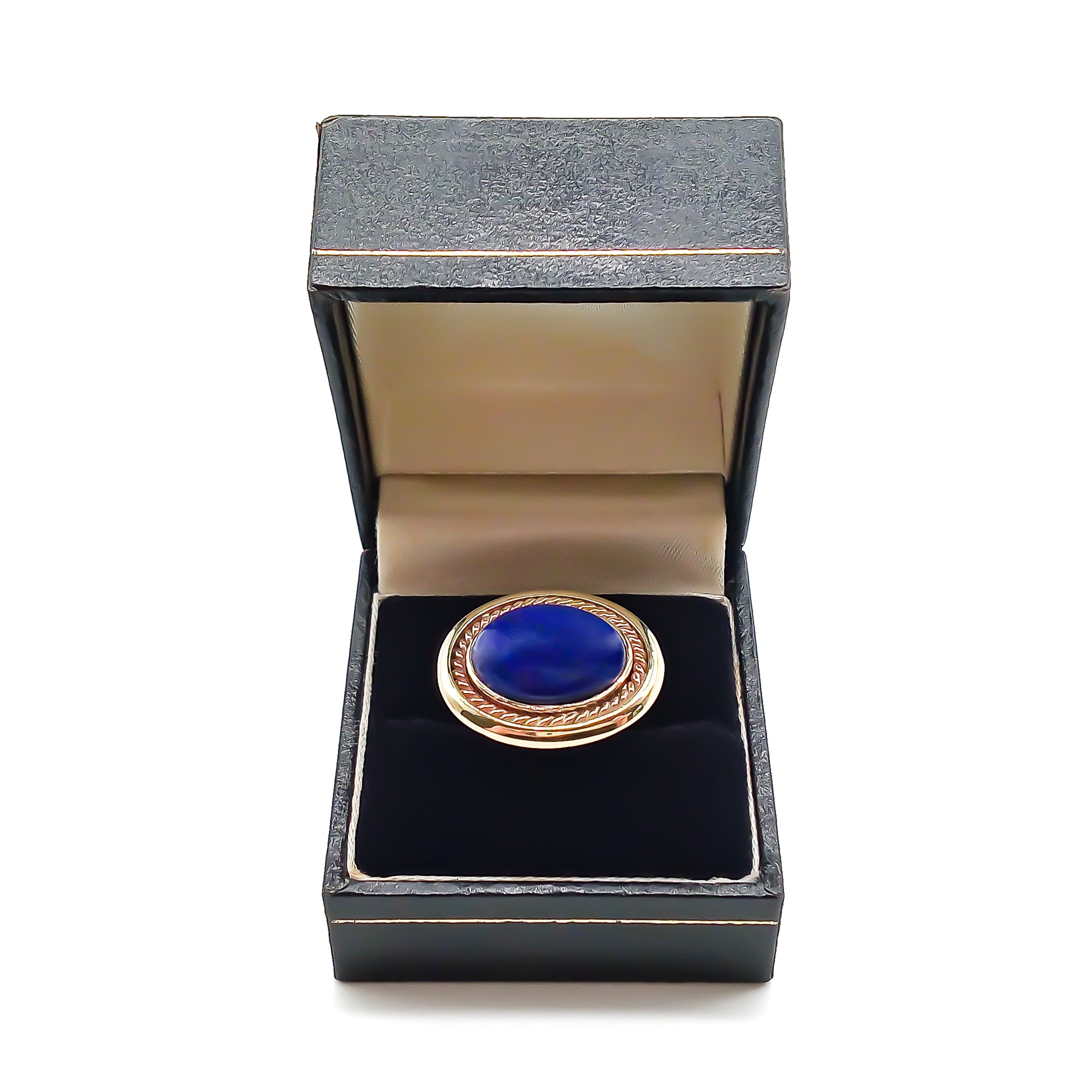 Classic 9ct gold ring set with a beautiful, deep blue lapis lazuli cabochon.