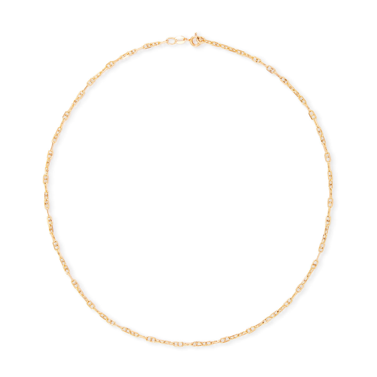 Classic 9ct gold mariner link chain with a bolt ring clasp.