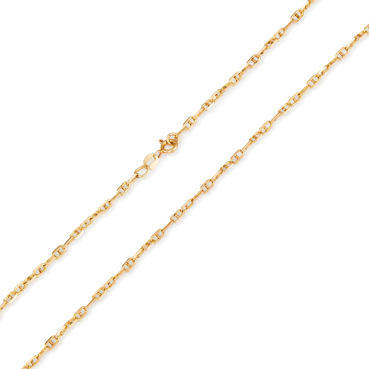 Classic 9ct gold mariner link chain with a bolt ring clasp.