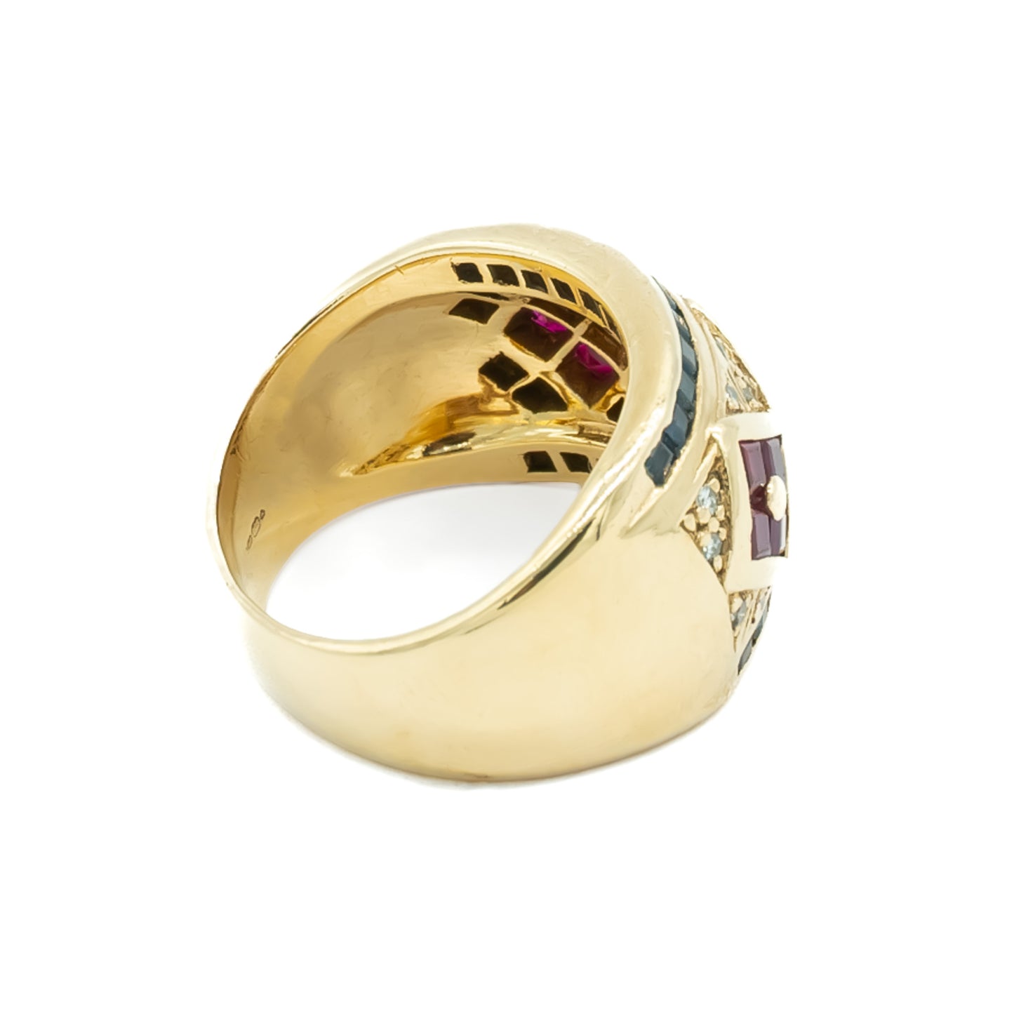 Stunning 9ct yellow gold ring set with twelve square rubies, twenty-two rectangular sapphires and twenty small diamonds.