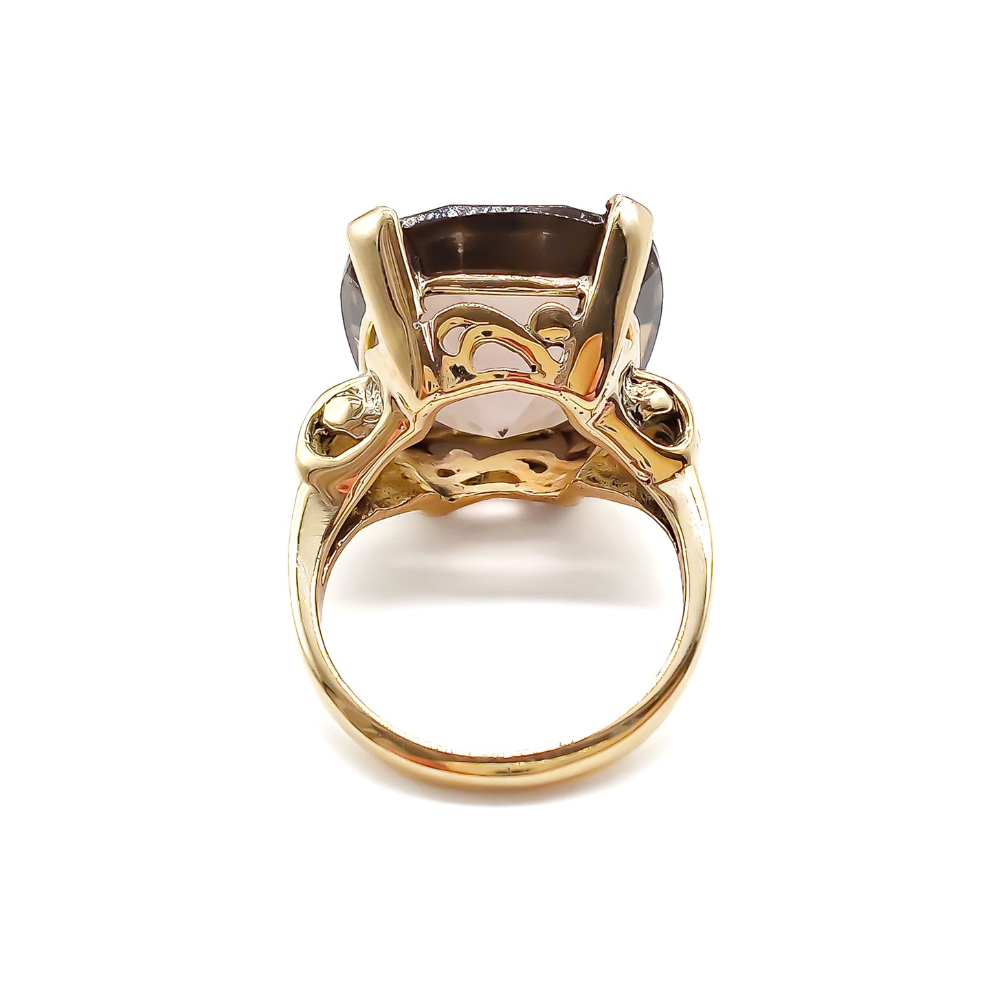 Classic 9ct yellow gold ring set with a beautifully faceted cushion-cut smoky quartz.