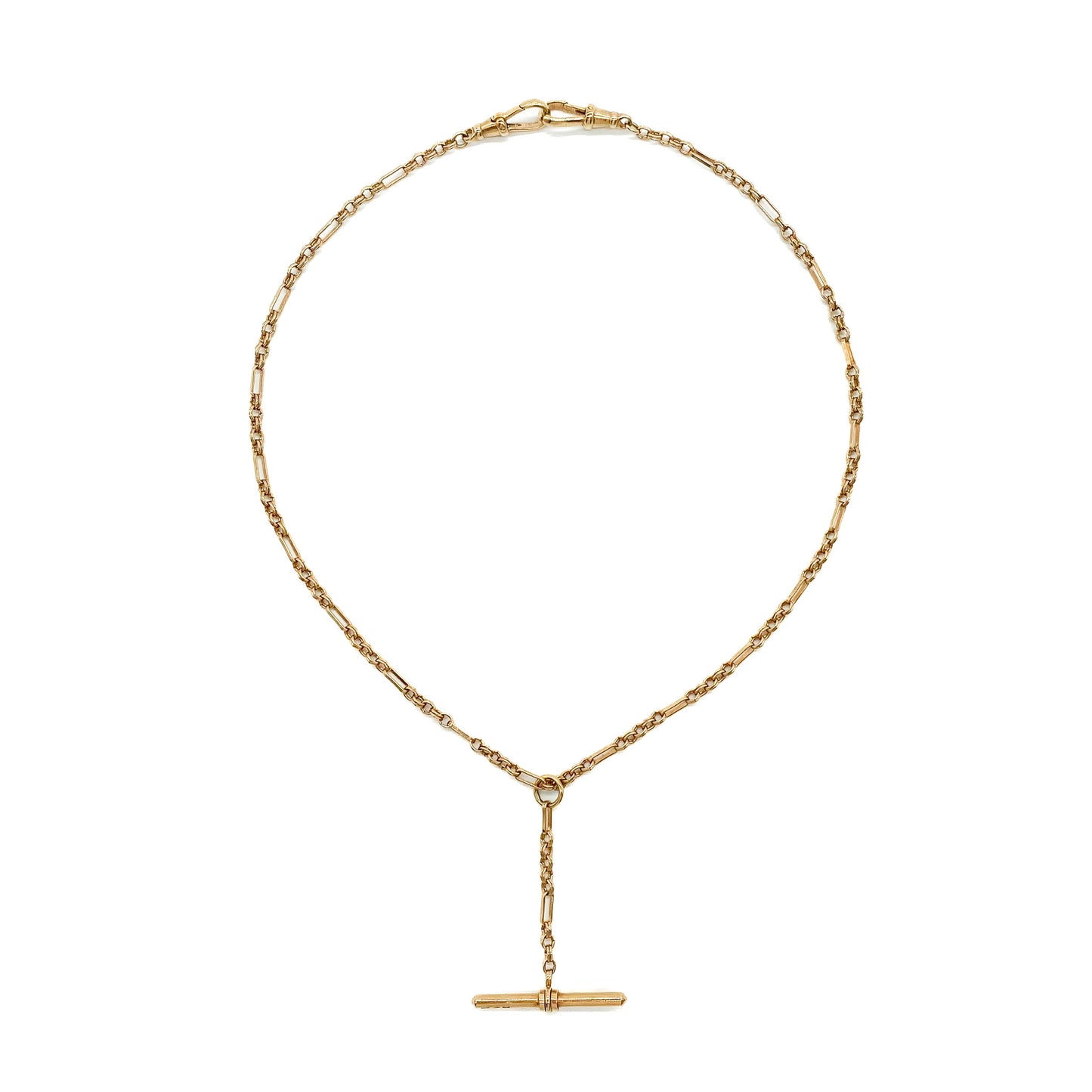 Stylish 9ct gold fancy link contemporary fob chain with T-bar and two dog clips. Unoaerre - Italy