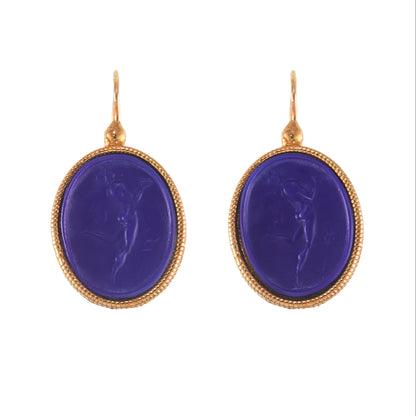 Stylish lapis glass intaglios drop earrings set in vintage 9ct gold vermeil (gold plated on silver). Made by Italian designer Marcello Fontana.