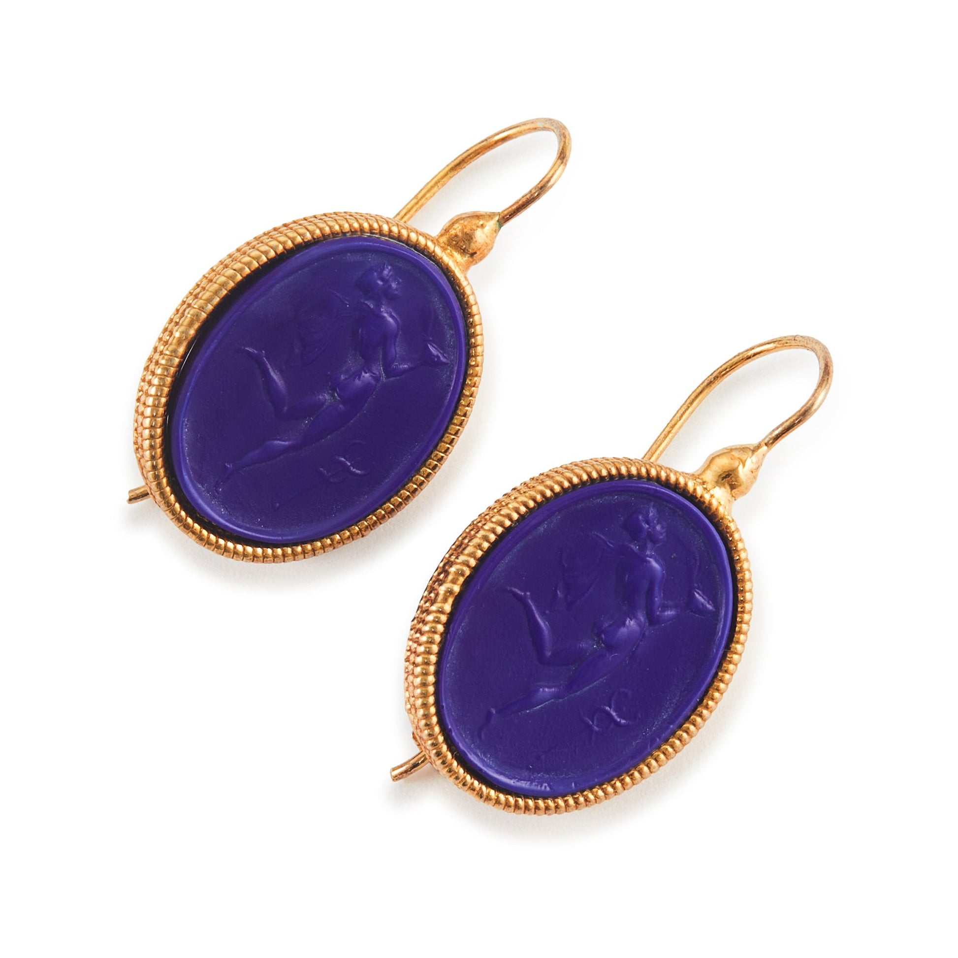 Stylish lapis glass intaglios drop earrings set in vintage 9ct gold vermeil (gold plated on silver). Made by Italian designer Marcello Fontana.