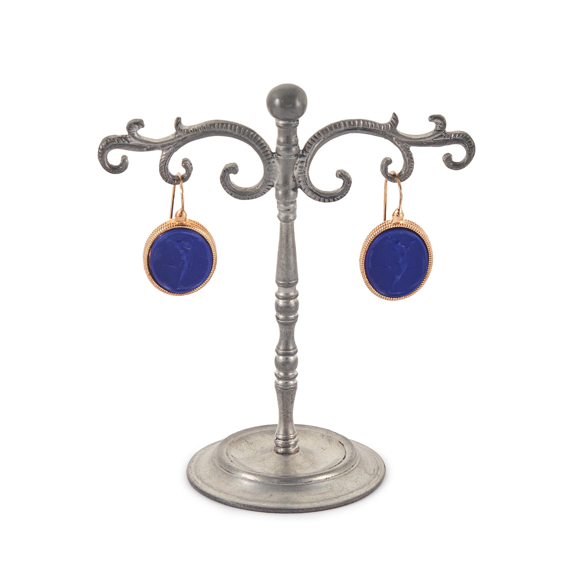 Stylish lapis glass intaglios drop earrings set in vintage 9ct gold vermeil (gold plated on silver). Made by Italian designer Marcello Fontana.